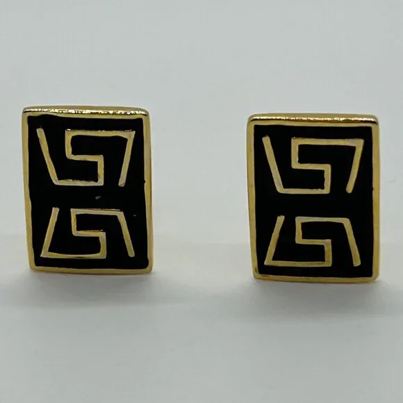 Vintage Gold & Black  Earrings Enamel Greek Key Clip-On 1980s Designer Statement - Picture 2 of 14